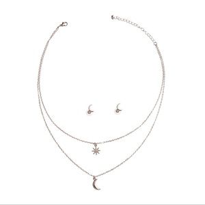 Crescent Moon Layer Necklace Set-Silver